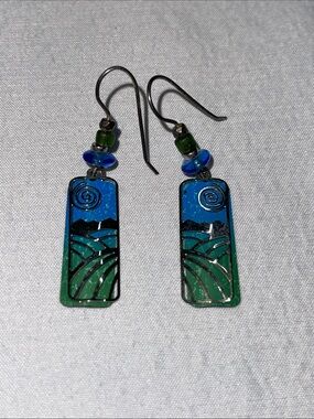 Adajio Green Valley & Blue Sky Enamel Dangle Earrings Boho Artisan